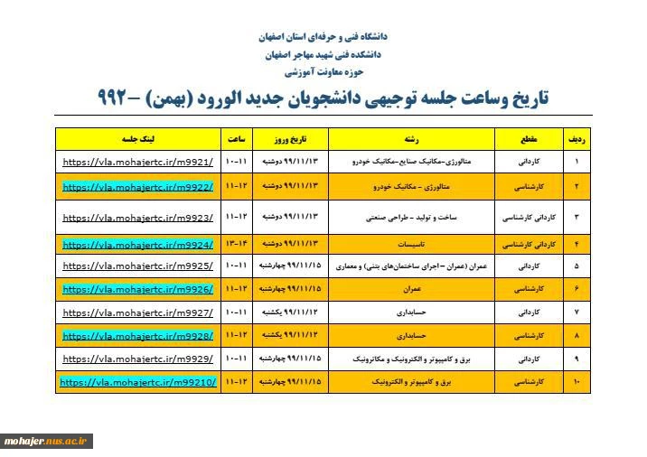 تاریخ وساعت جلسه توجیهی دانشجویان جدید الورود (بهمن) -992 2