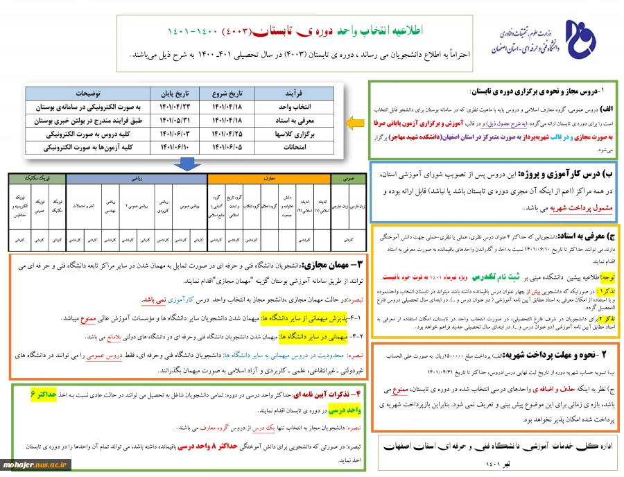 اطلاعیه انتخاب واحد ترم تابستان 1401 3